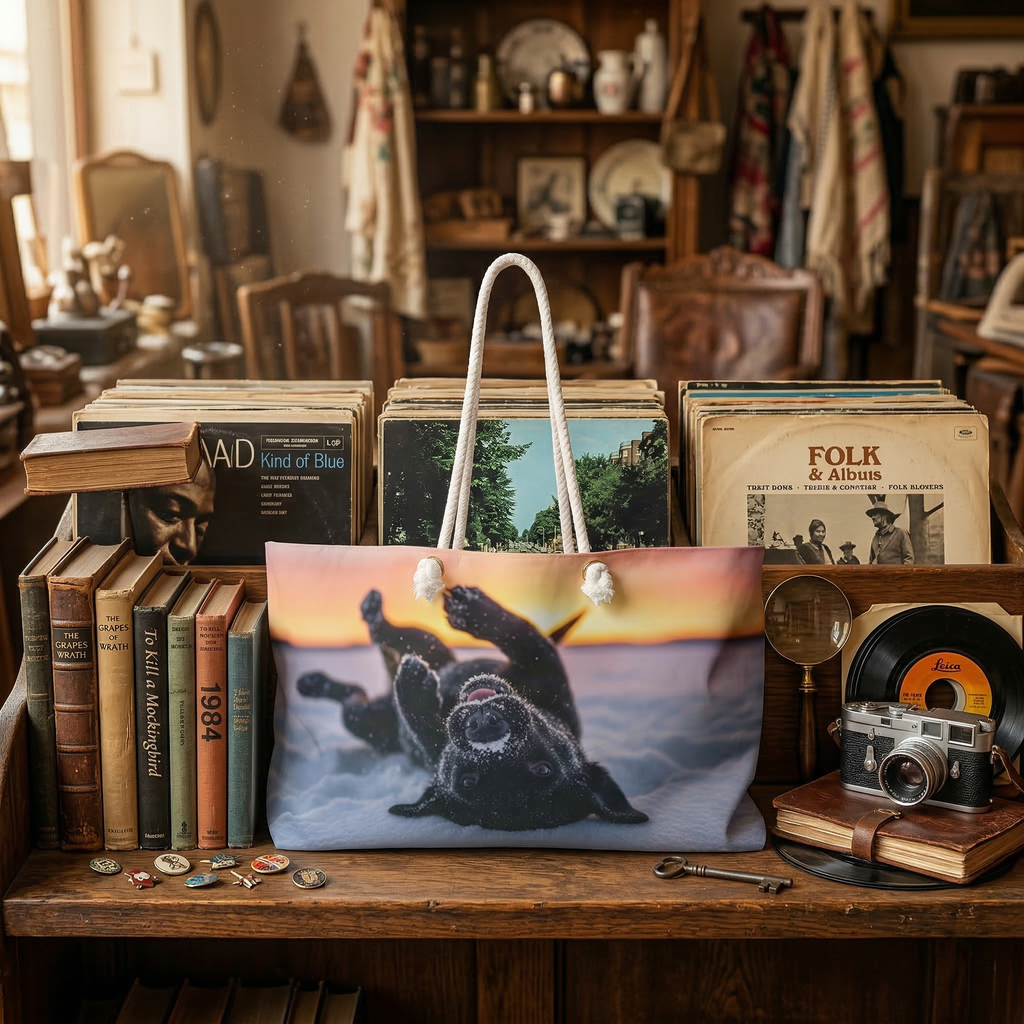 Playful Labrador Weekender Bag – Snowy Sunset Dog Print Travel Tote