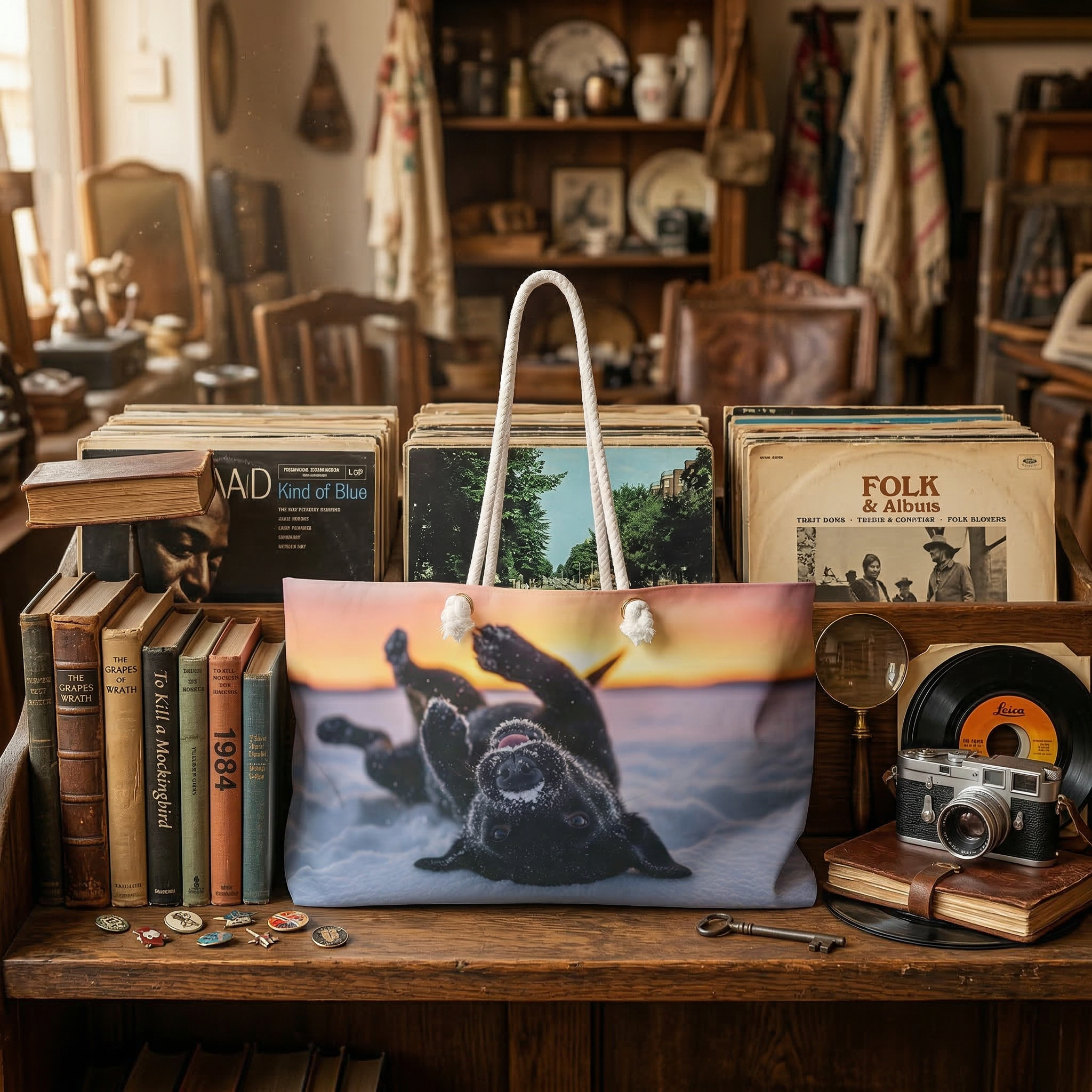 Playful Labrador Weekender Bag – Snowy Sunset Dog Print Travel Tote