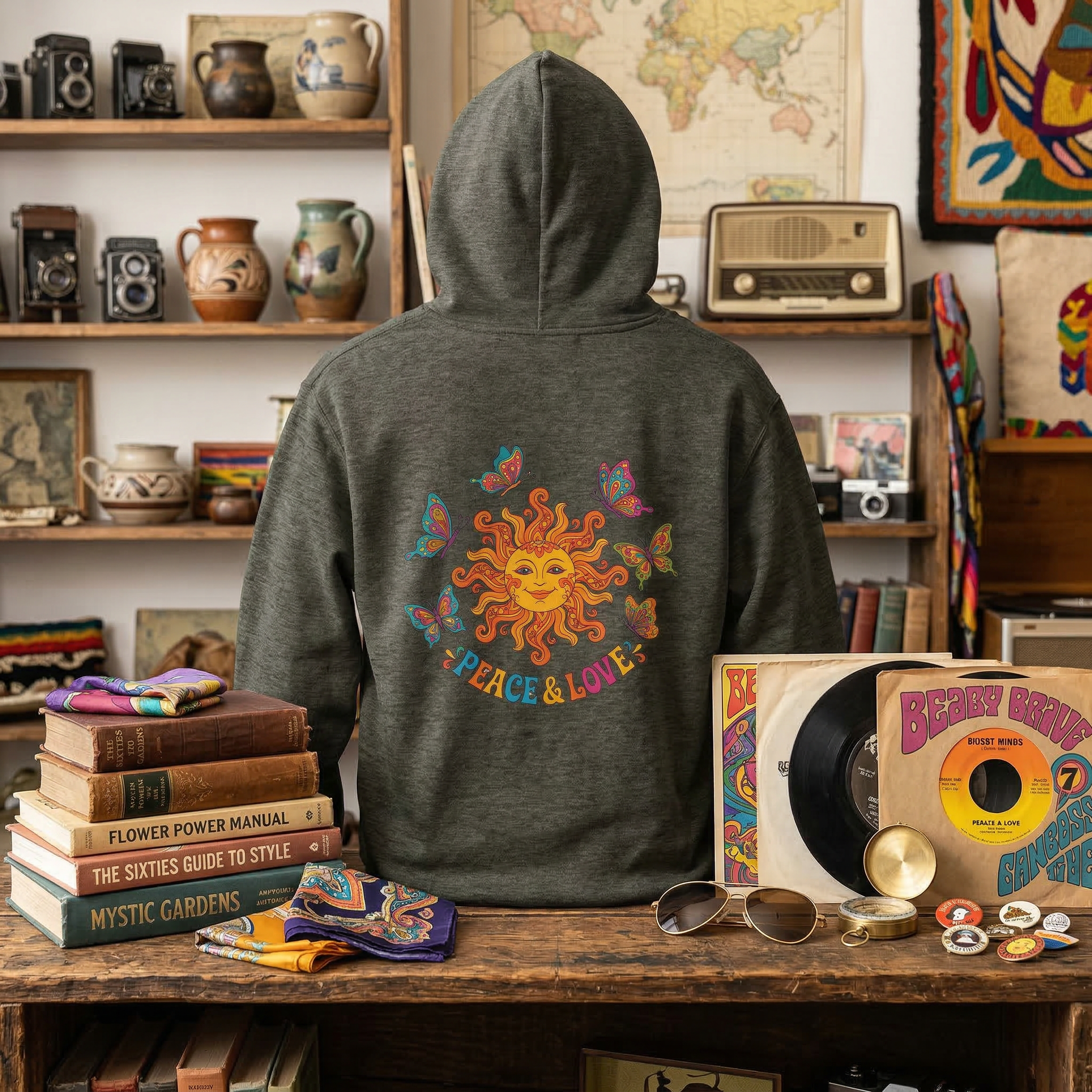 Peace & Love Sunflower Tee — Retro Sun and Butterflies  Powerblend Kapuzenpullover mit Reißverschluss | Champion S800