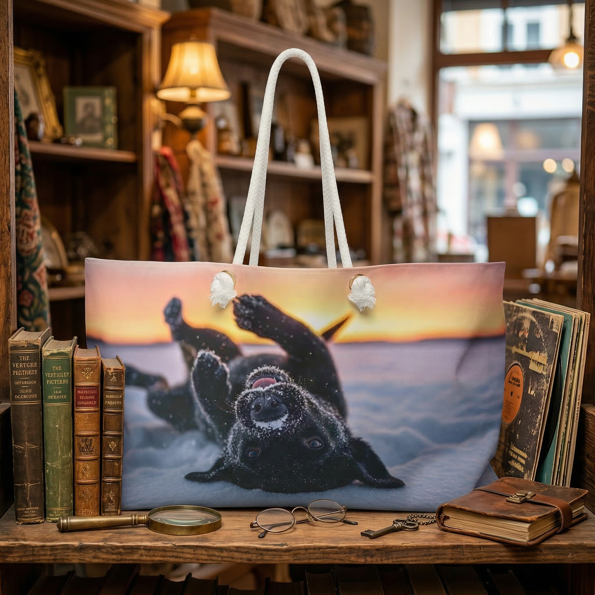 Playful Labrador Weekender Bag – Snowy Sunset Dog Print Travel Tote
