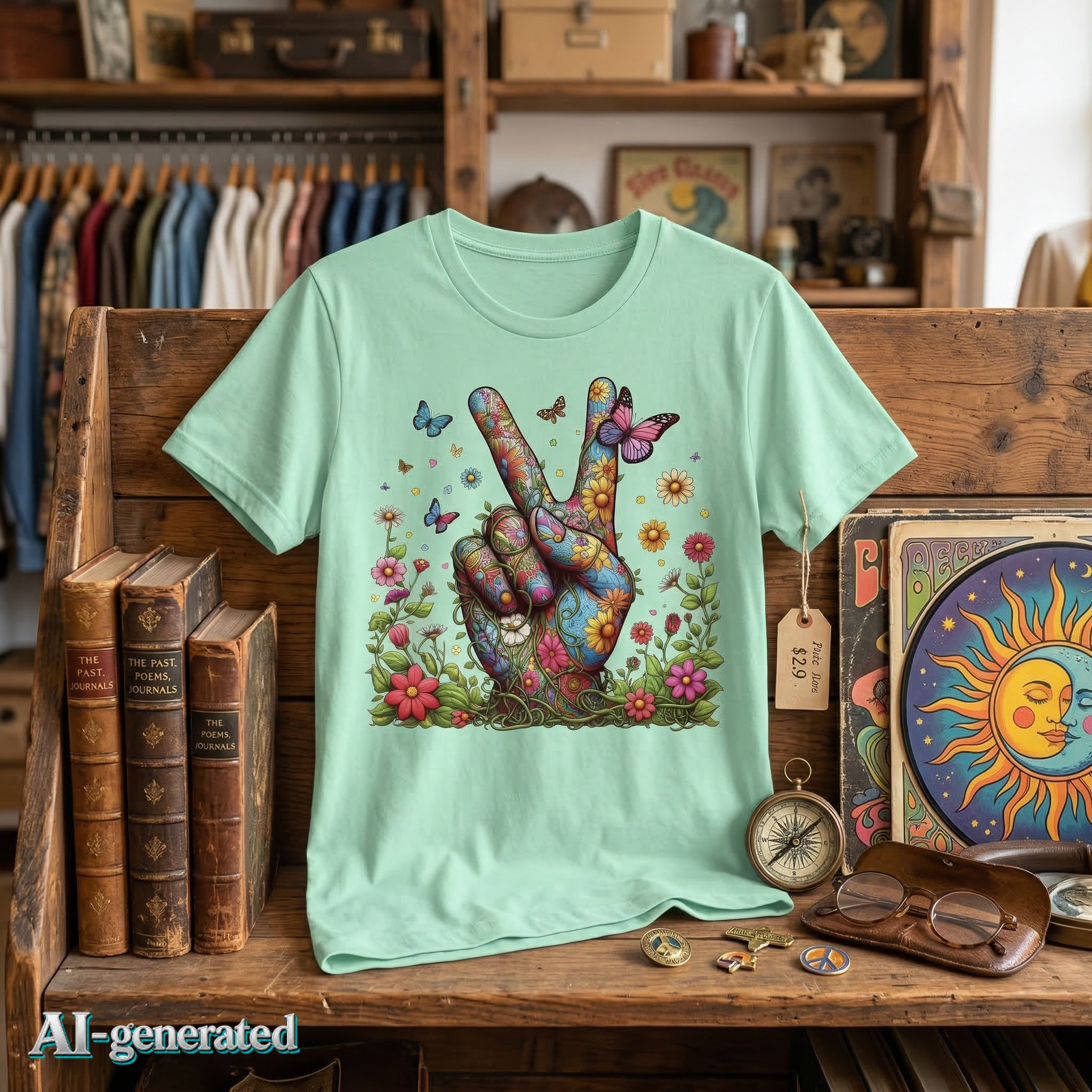 EU AI label - Unisex T-Shirt Flowery Hand Peace – Boho Grafik-Tee | musikworlds