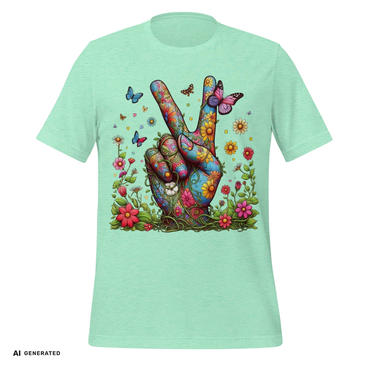 T-Shirt Flowery Hand Peace – Boho Grafik-Tee | musikworlds Artist Collection – AI GENERATED / KI-GENERIERT