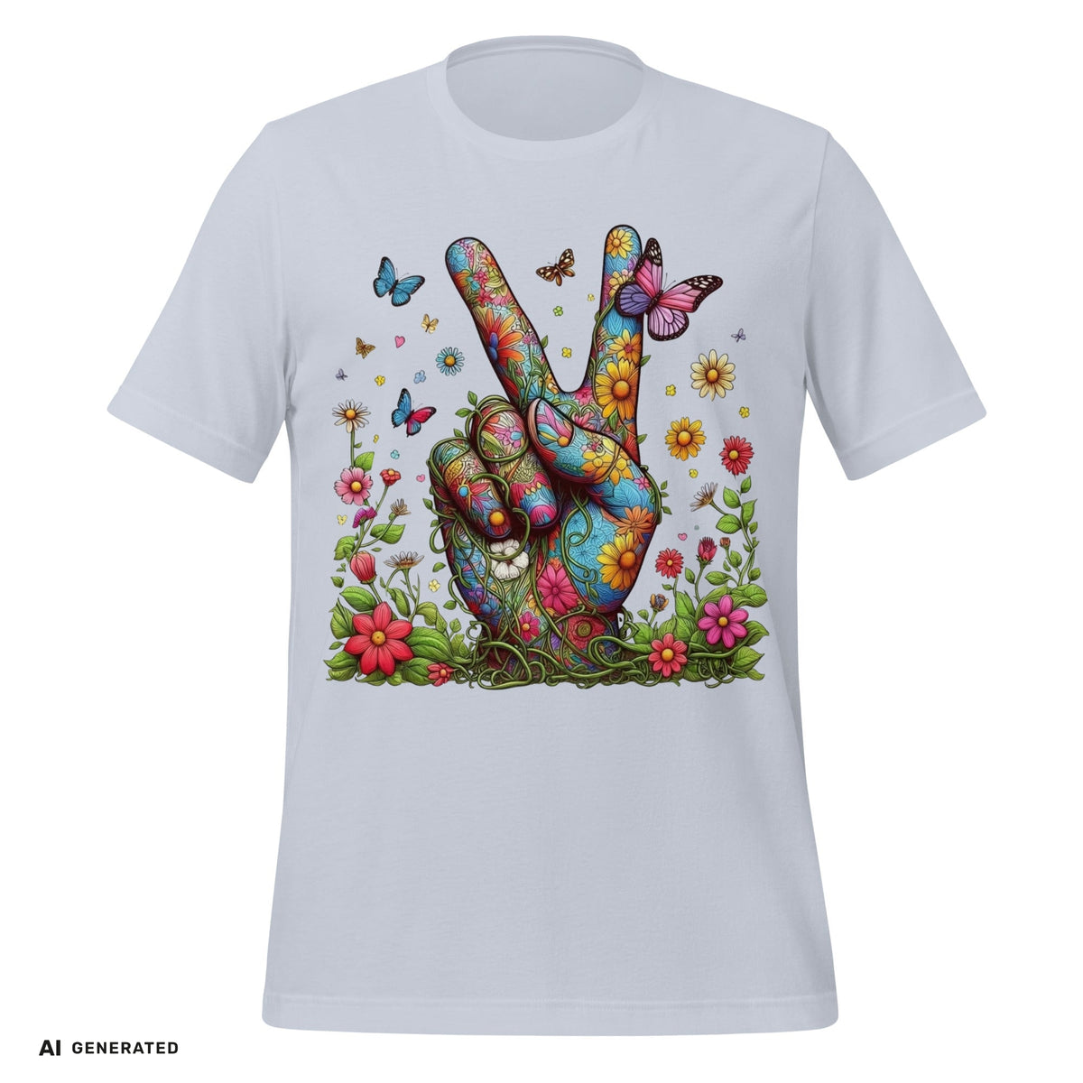 T-Shirt Flowery Hand Peace – Boho Grafik-Tee | musikworlds Artist Collection – AI GENERATED / KI-GENERIERT