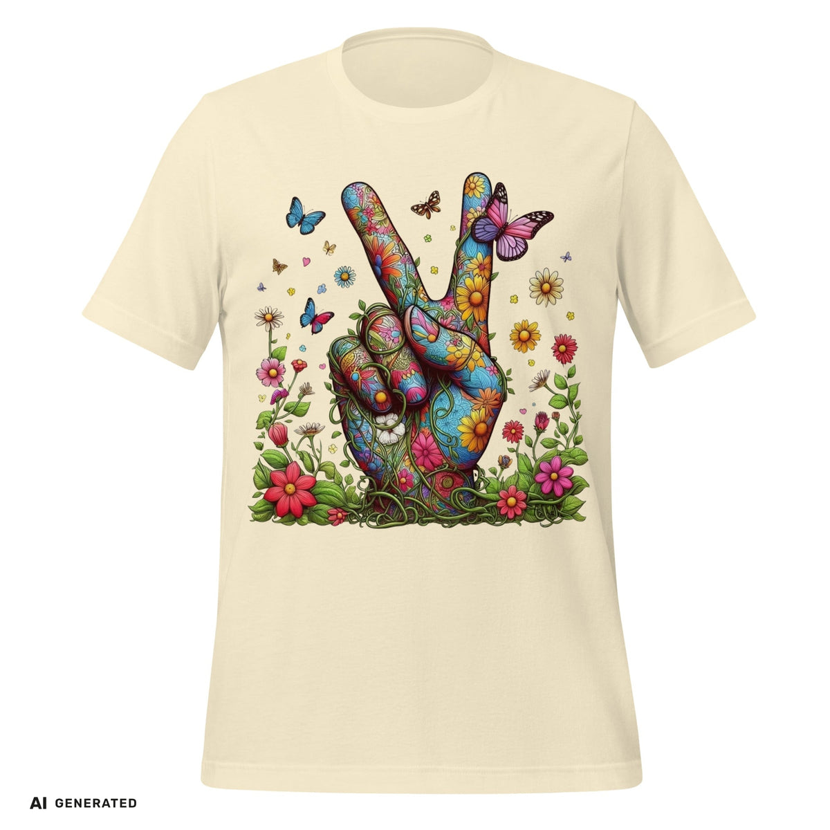 T-Shirt Flowery Hand Peace – Boho Grafik-Tee | musikworlds Artist Collection – AI GENERATED / KI-GENERIERT