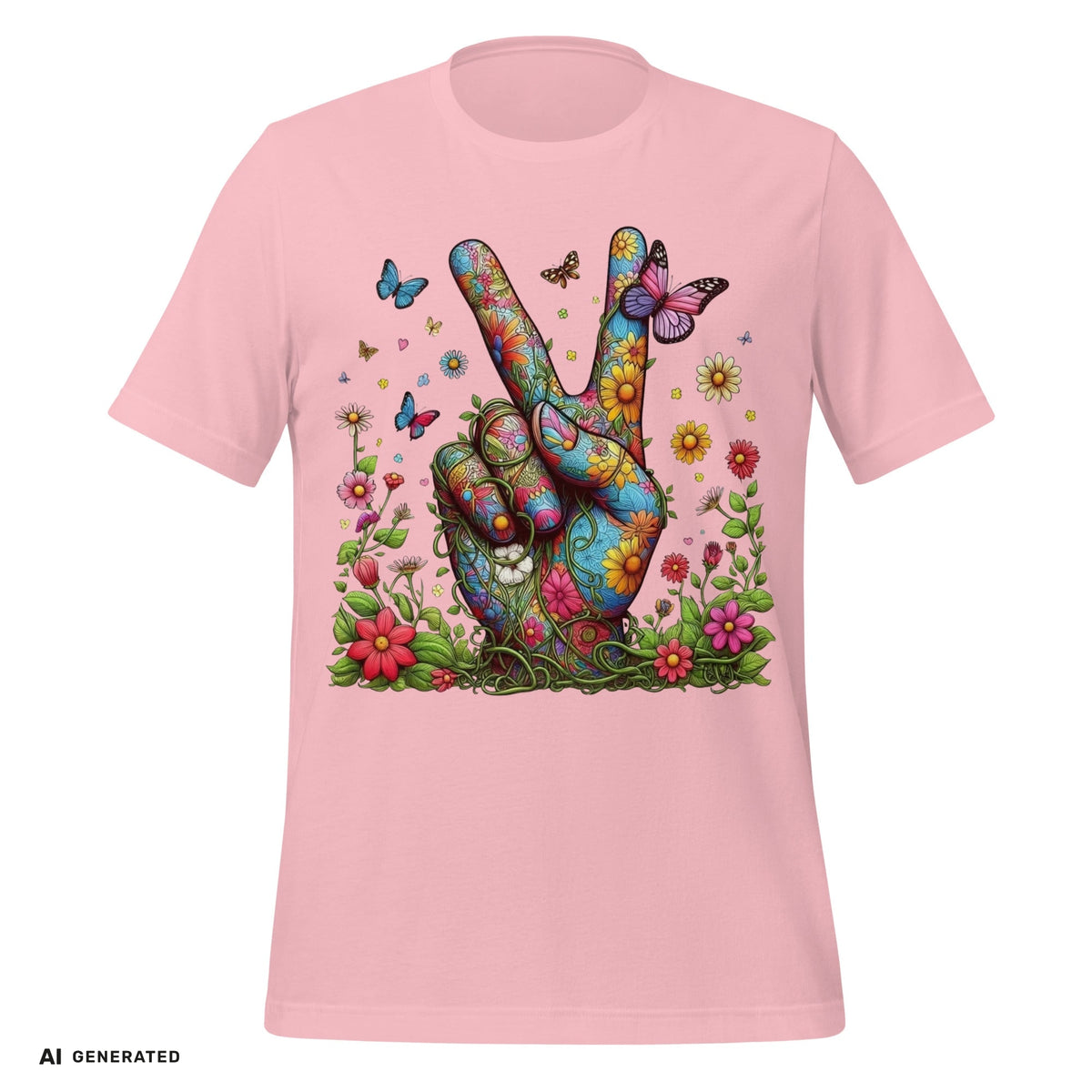 T-Shirt Flowery Hand Peace – Boho Grafik-Tee | musikworlds Artist Collection – AI GENERATED / KI-GENERIERT