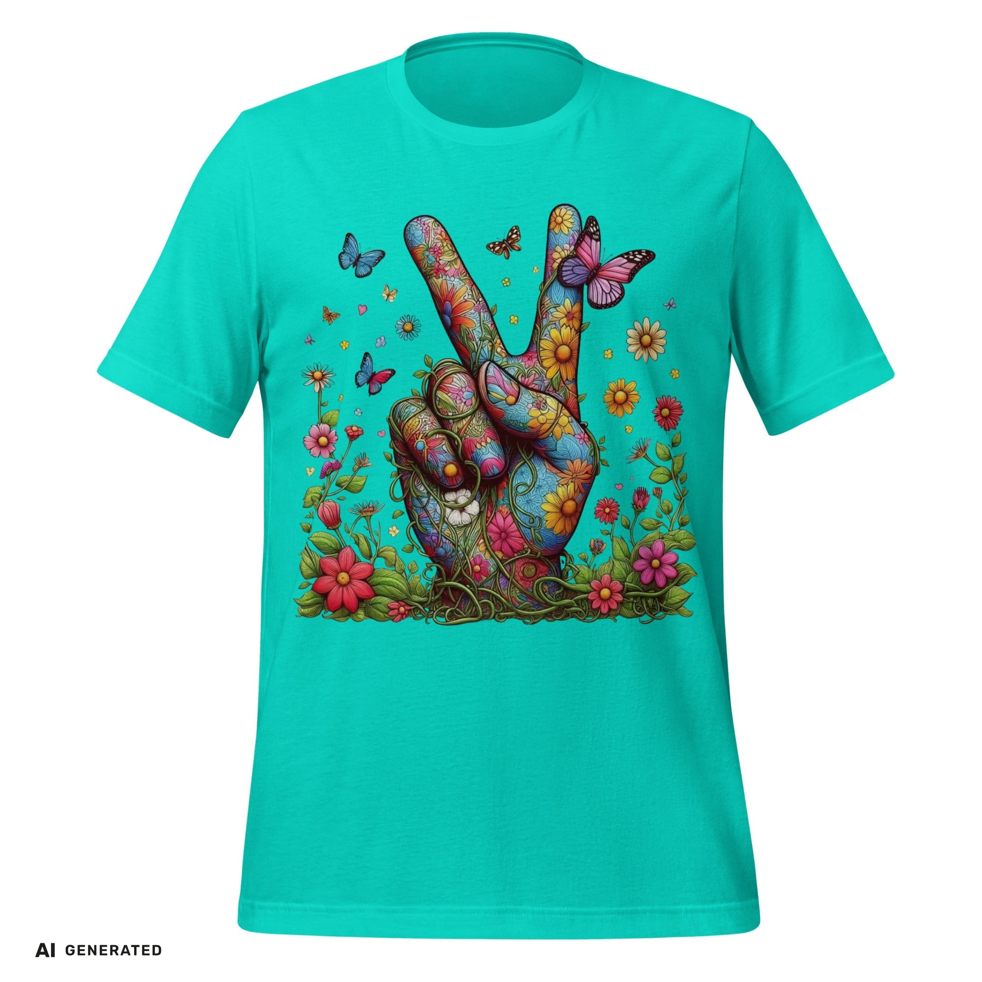 T-Shirt Flowery Hand Peace – Boho Grafik-Tee | musikworlds Artist Collection – AI GENERATED / KI-GENERIERT
