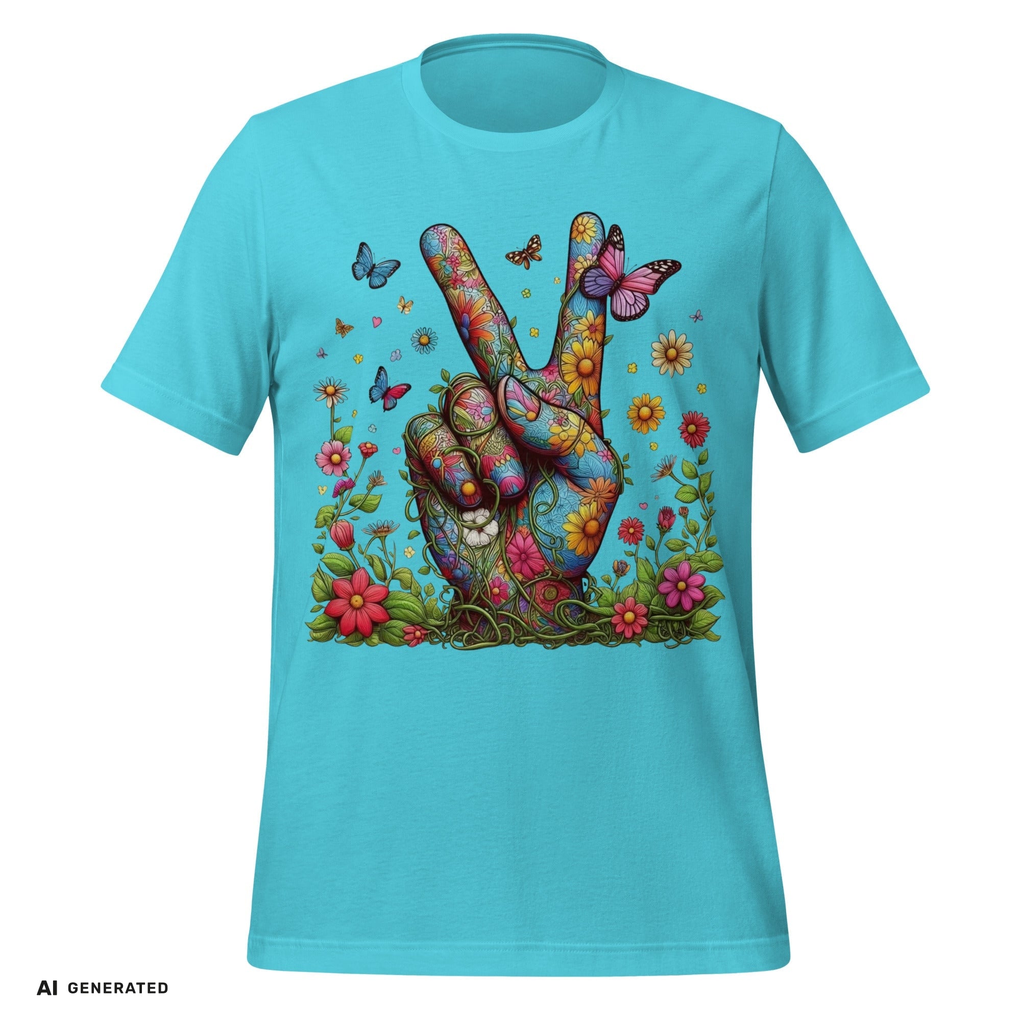 T-Shirt Flowery Hand Peace – Boho Grafik-Tee | musikworlds Artist Collection – AI GENERATED / KI-GENERIERT